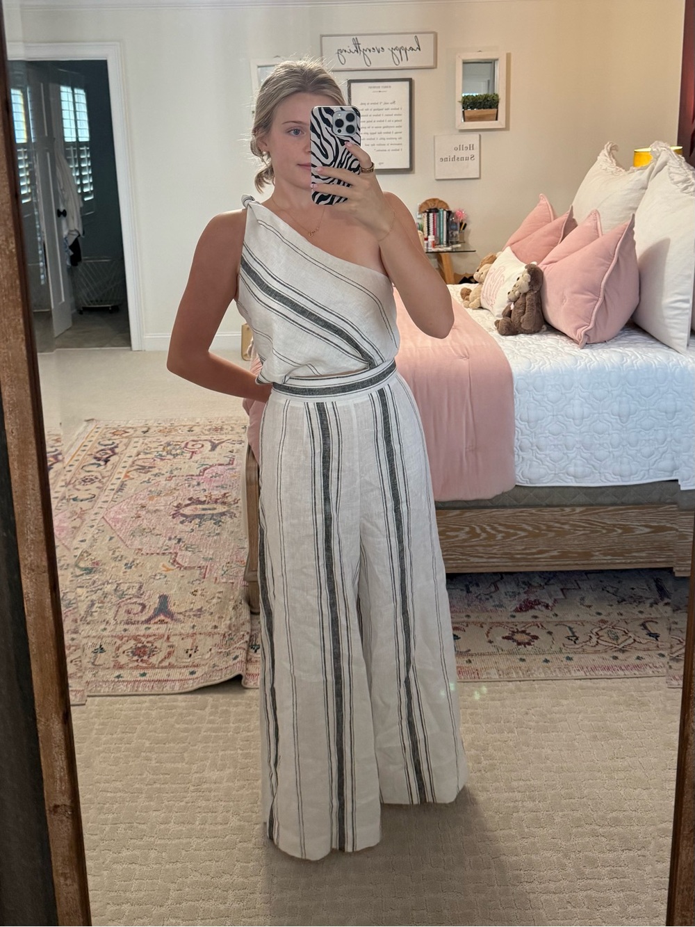 Fifteen Twenty One-Shoulder Striped Linen Set in Cream & Black